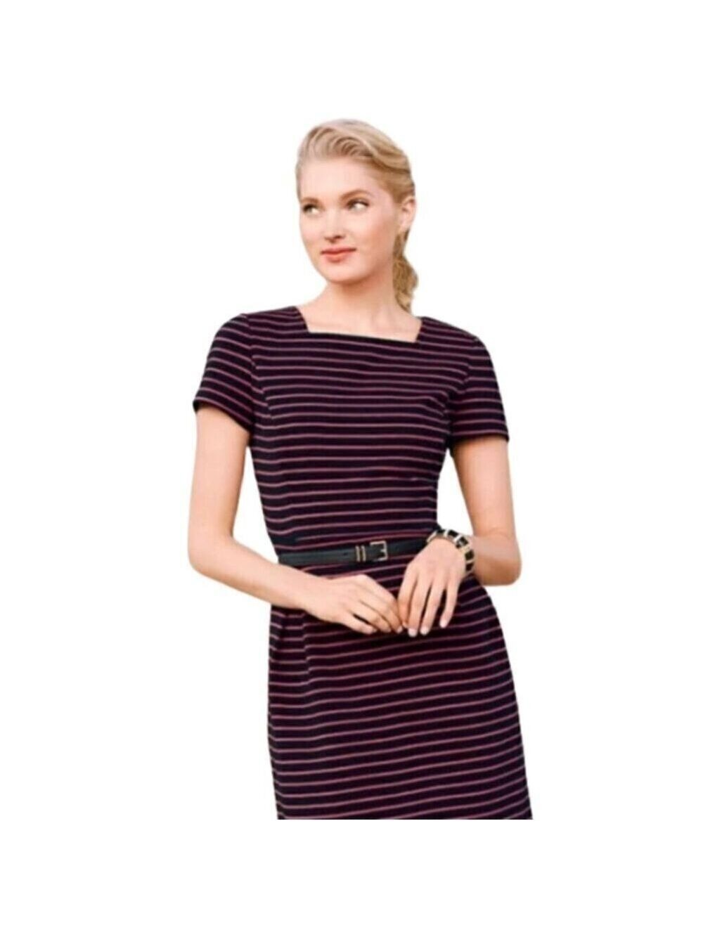 Talbots Pink & Black Striped Short Sleeve Square Neck Fit & Flare Dress Sz 14